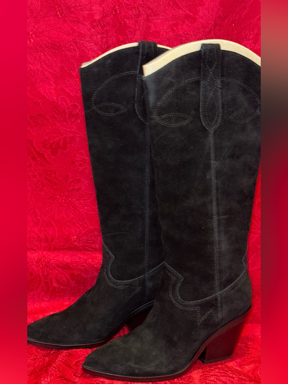 Nine West Black Suede Western Knee-High Heeled Boots